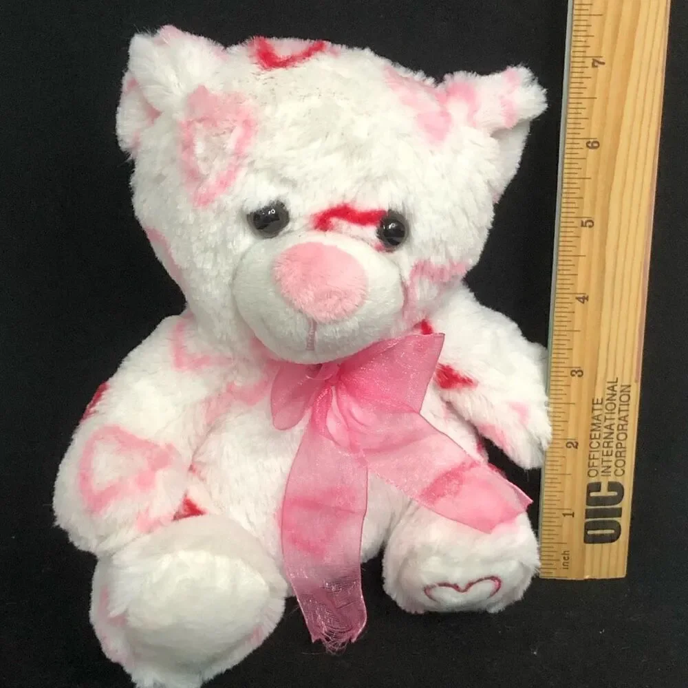 white pink hearts teddy‎ bear valentines sweetheart ribbon bear soft 8 inch